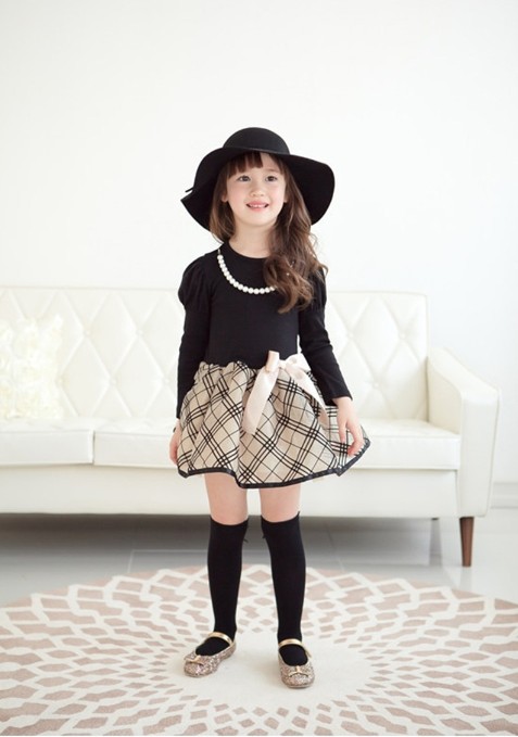 F68098-1 autumn sweet princess skirt girl bow long sleev dress